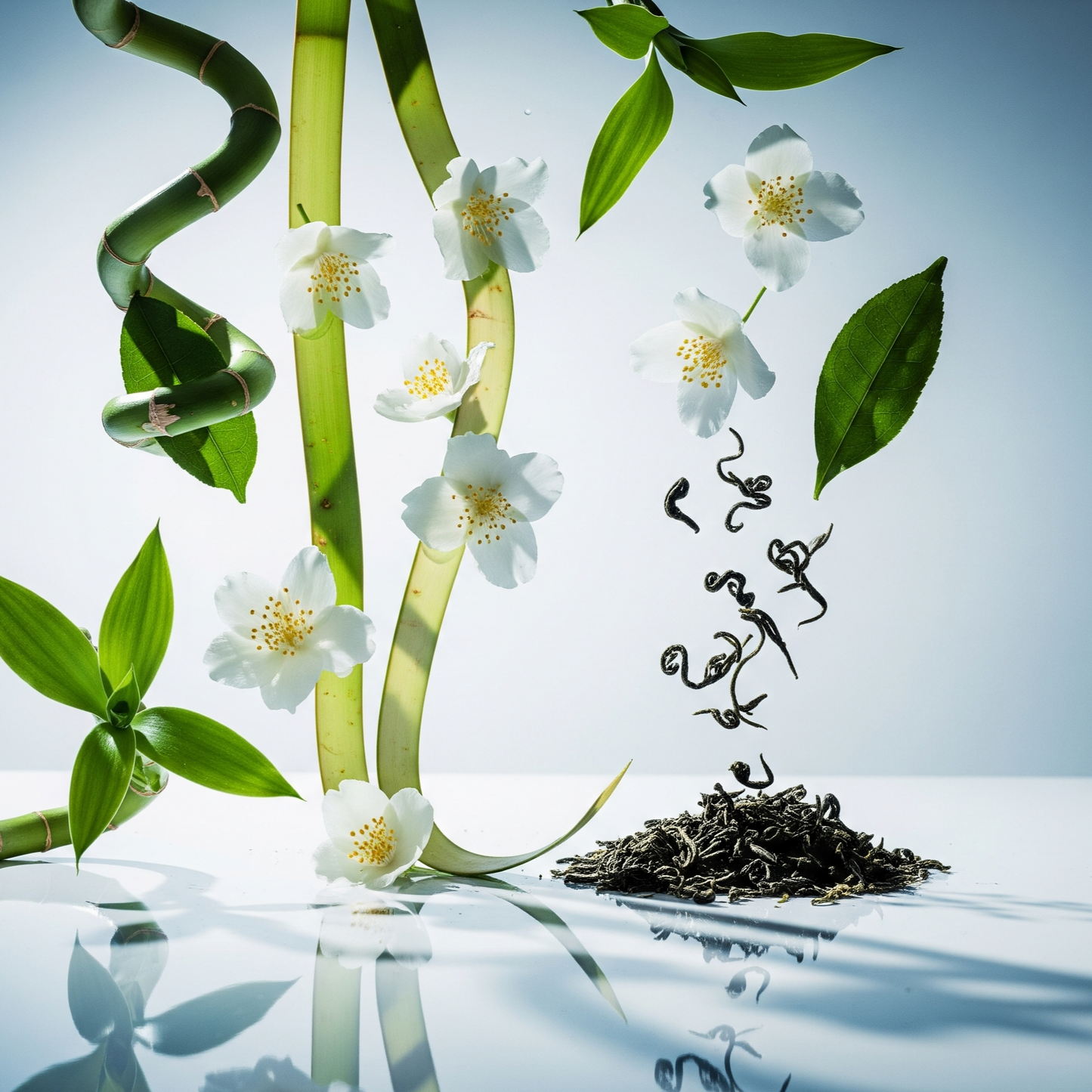 Tea leaves, bamboo, and flowers on a reflective surface with a light blue gradient background