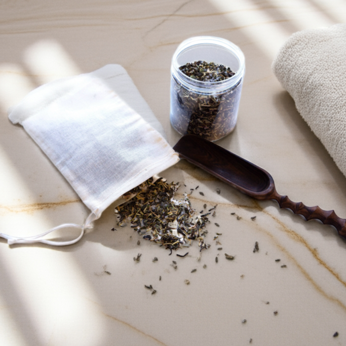 Close-up of muslin bag filled with bath salts and dried herbs, designed for a calming and clean bathing ritual
