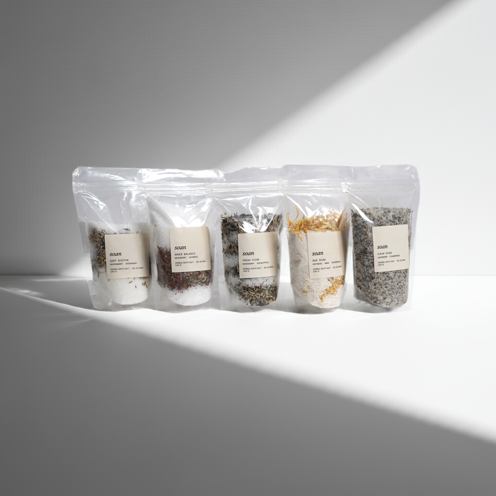 Set of five bath salt bags in assorted blends, featuring natural botanicals and minerals for a full-body self-care ritual