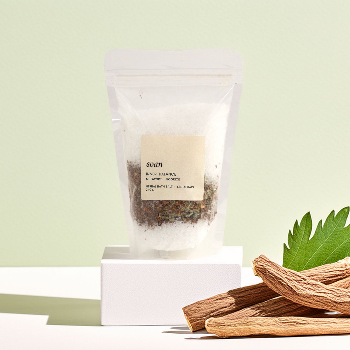 Bag of Bath tea with mugwort leaf and licorice background