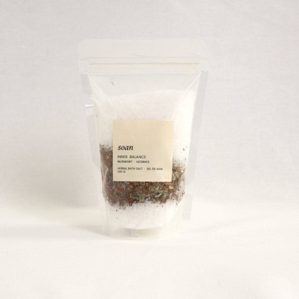 Inner Balance bath salt blend with herbs and minerals, crafted to restore harmony and support mindful self-care