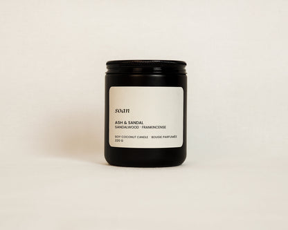 Black matte jar soy candle Ash and Sandal scent with warm sandalwood and soft frankincesne fragrance, wooden wick candle by Soan