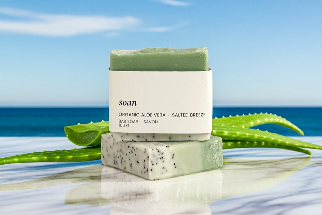 Two bars of soap with a box labeled 'soan' on a reflective surface with a blue sky and ocean background.