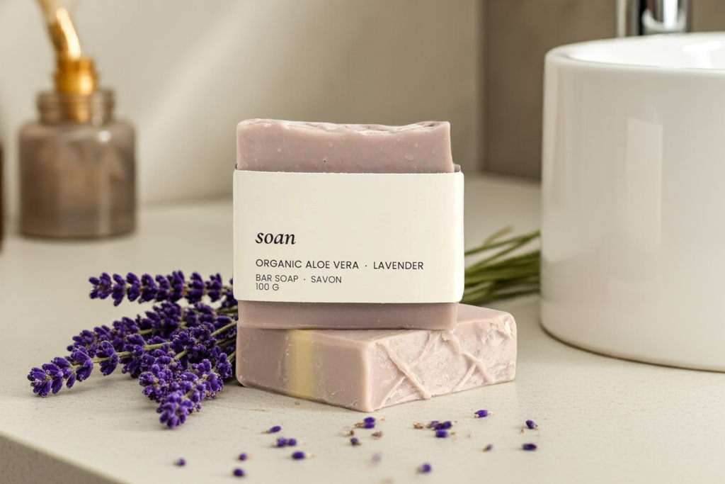 Two bars of soap with 'soan' branding on a bathroom counter with lavender flowers.