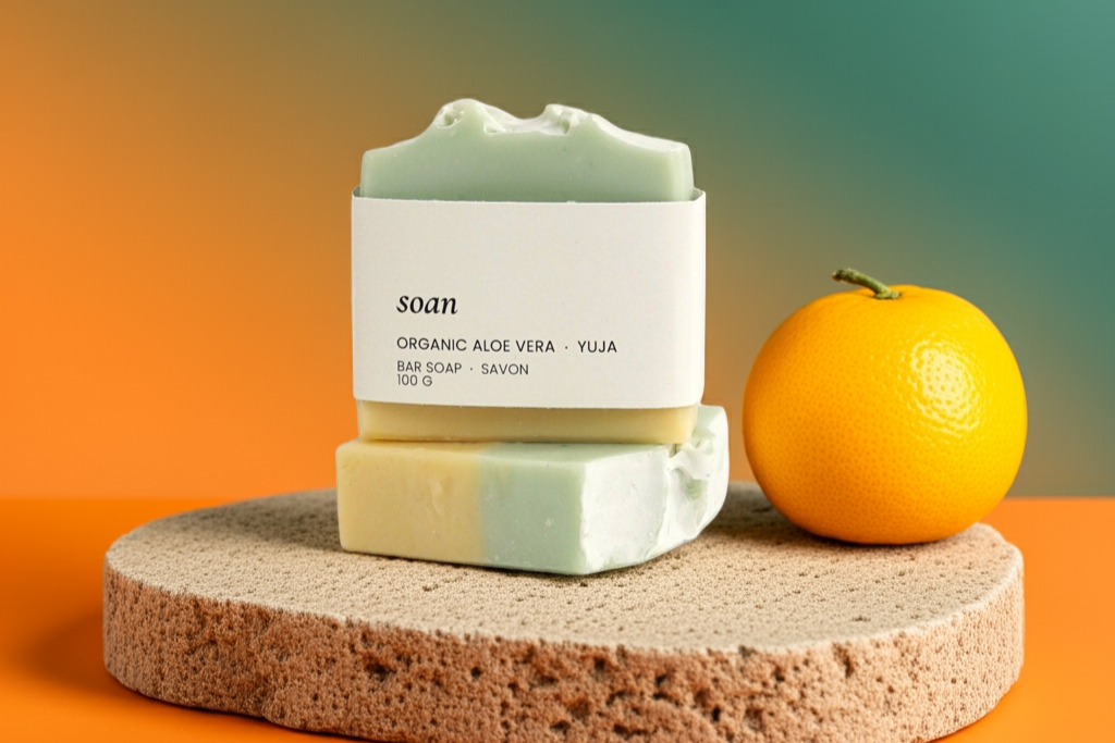Two bars of soap with a container labeled 'soan' next to an orange on a gradient background