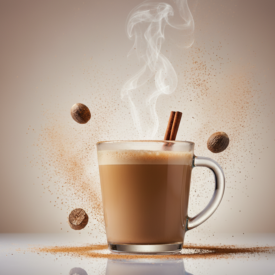 Steaming cup of CHAI TEA with cinnamon stick and nutmeg on a beige background