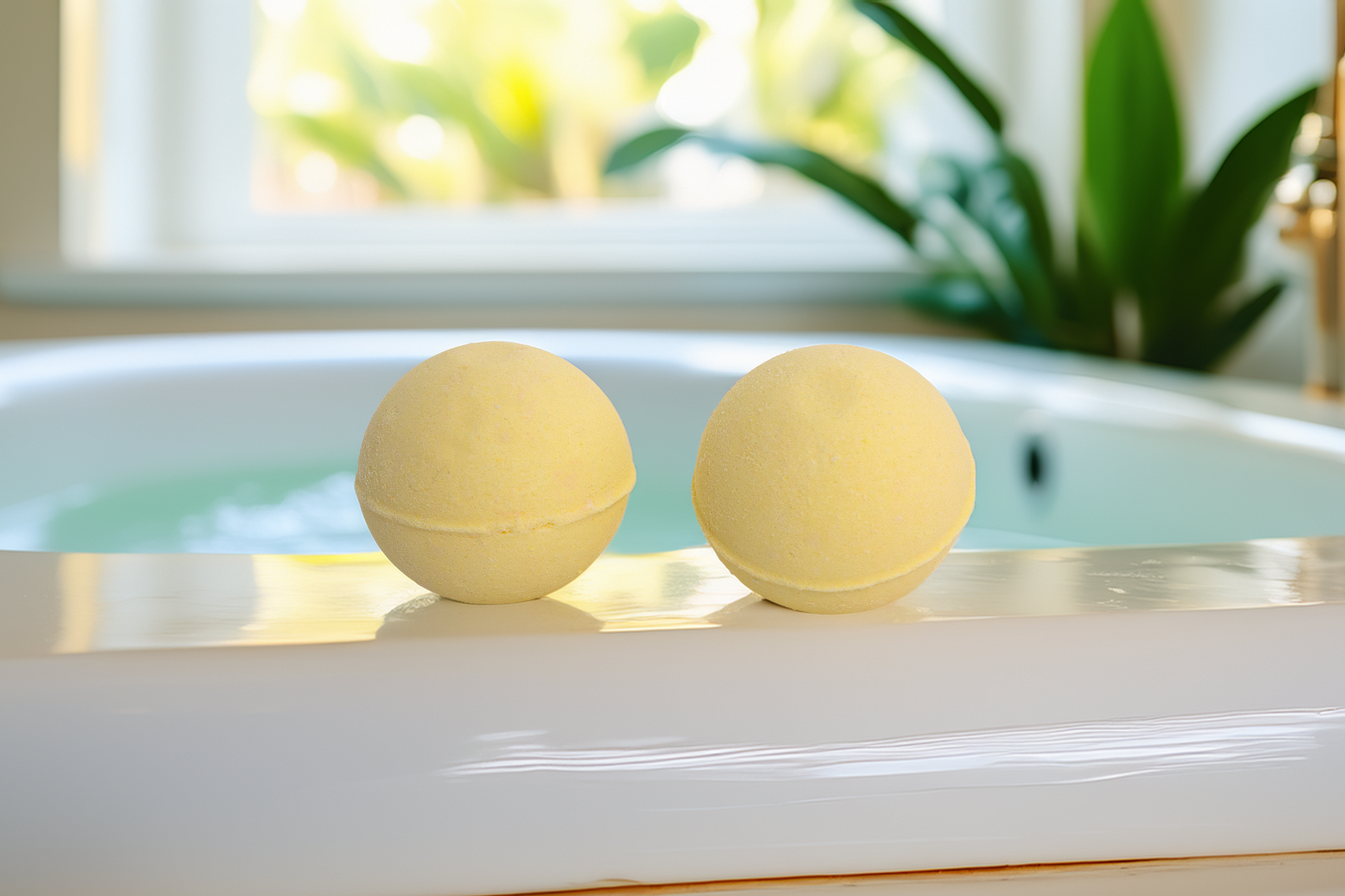 Two yellow bath bombs on the edge of a bathtub with a blurred background