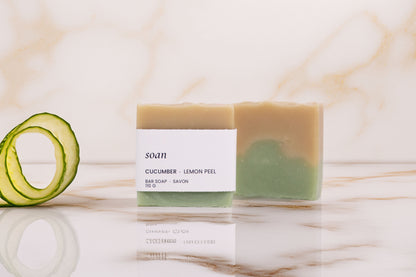 Brightening cucumber and citrus soap bar with lemon peel oil and nourishing shea butter, perfect self-care gift for winter