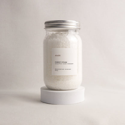 Forest Steam mineral bath salt with eucalyptus and peppermint essential oils in minimalist pouch packaging