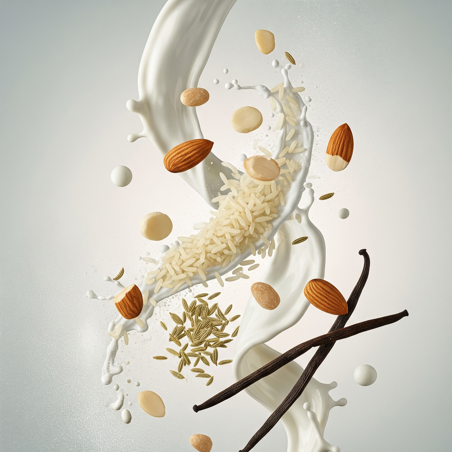 Spilled milk with almonds, vanilla beans, and rice on a light gray background