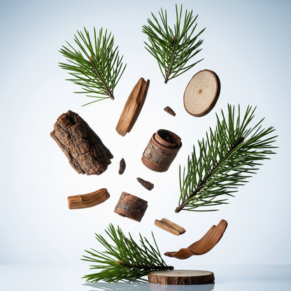 Wooden elements and pine branches on a light blue background