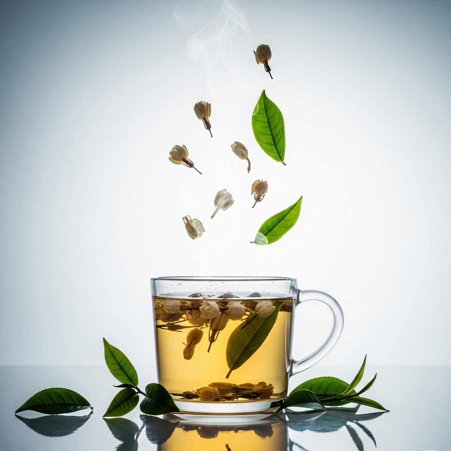Glass mug filled with tea and floating tea leaves on a reflective surface.