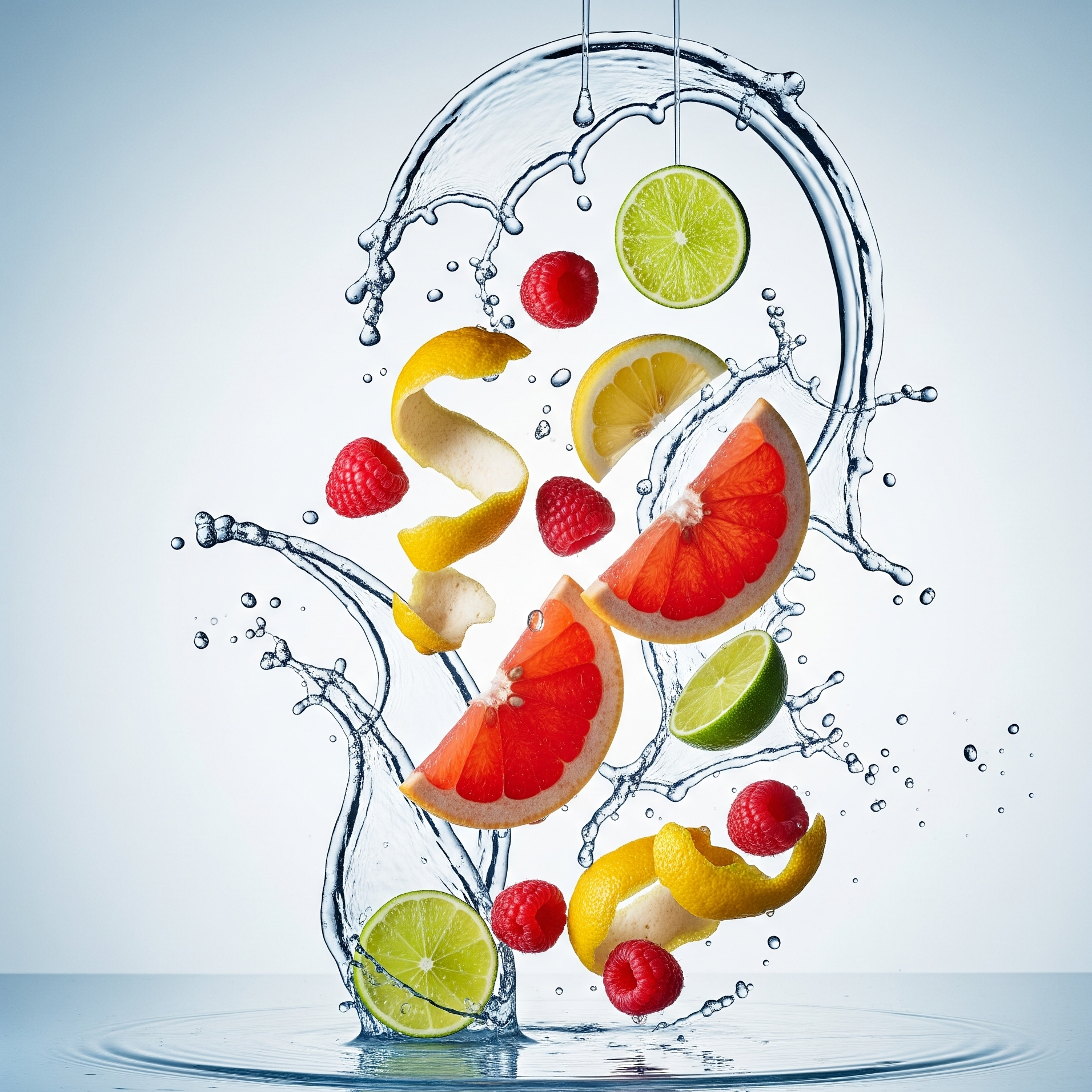 Fruits like grapefruit, lemon, lime, and raspberries in a water splash on a light blue background