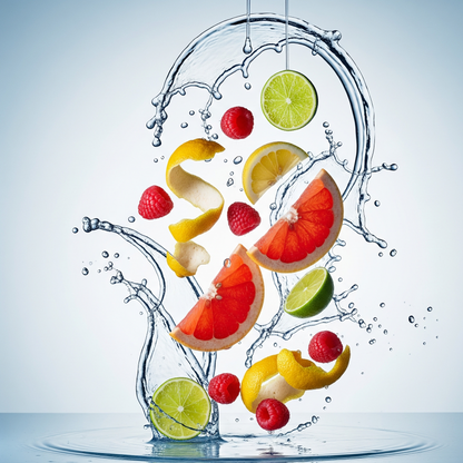 Fruits like grapefruit, lemon, lime, and raspberries in a water splash on a light blue background