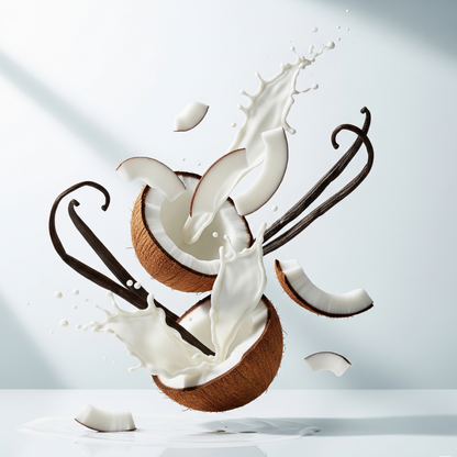 Coconut halves with vanilla beans and milk splashes on a reflective surface