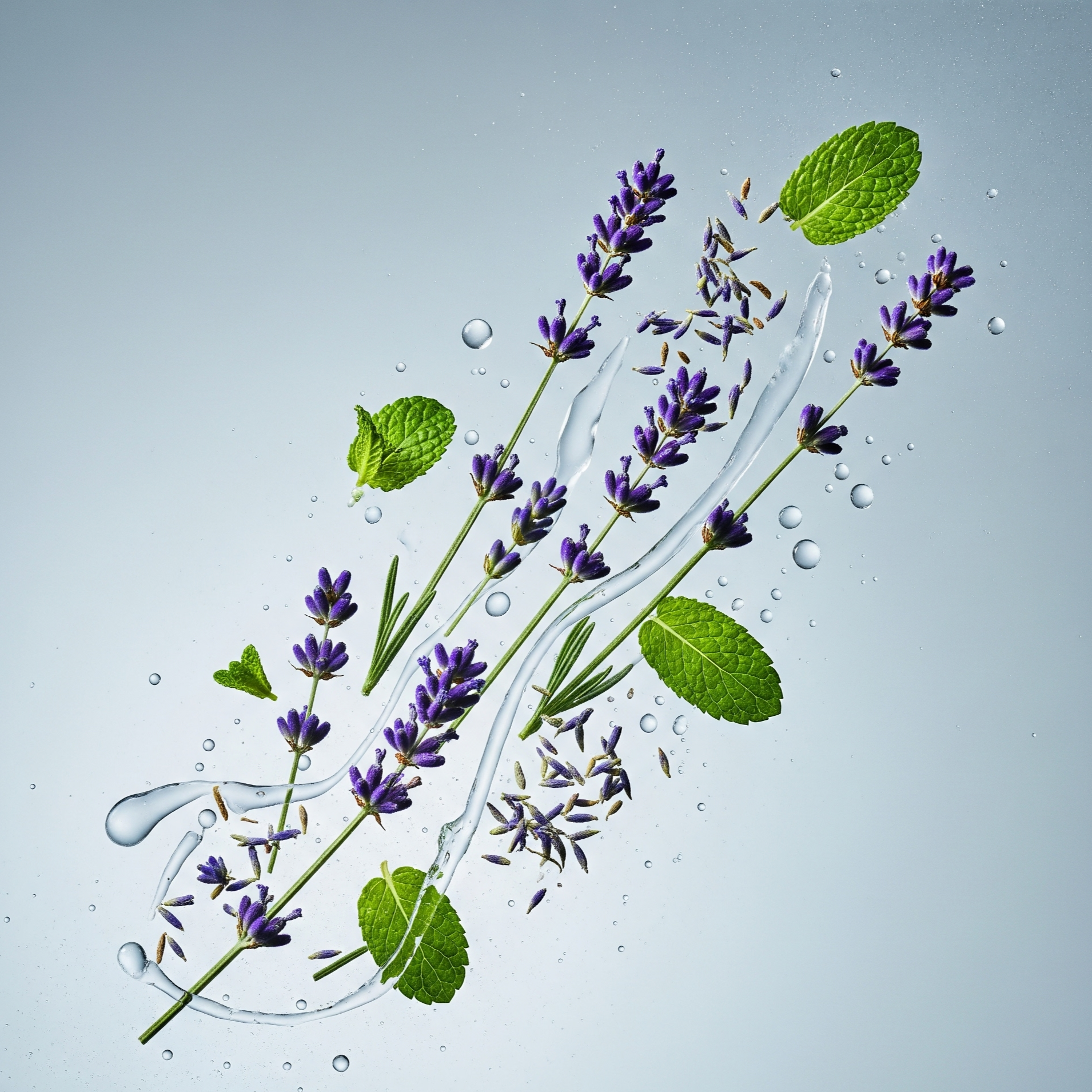 Lavender flowers and leaves with water droplets on a light blue background