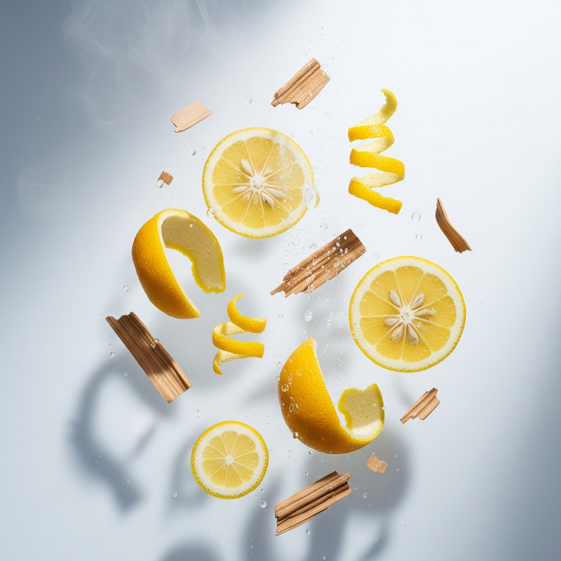 Sliced lemons and hinoki wood sticks on a light blue background