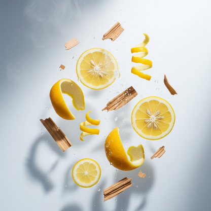 Sliced lemons and hinoki wood sticks on a light blue background