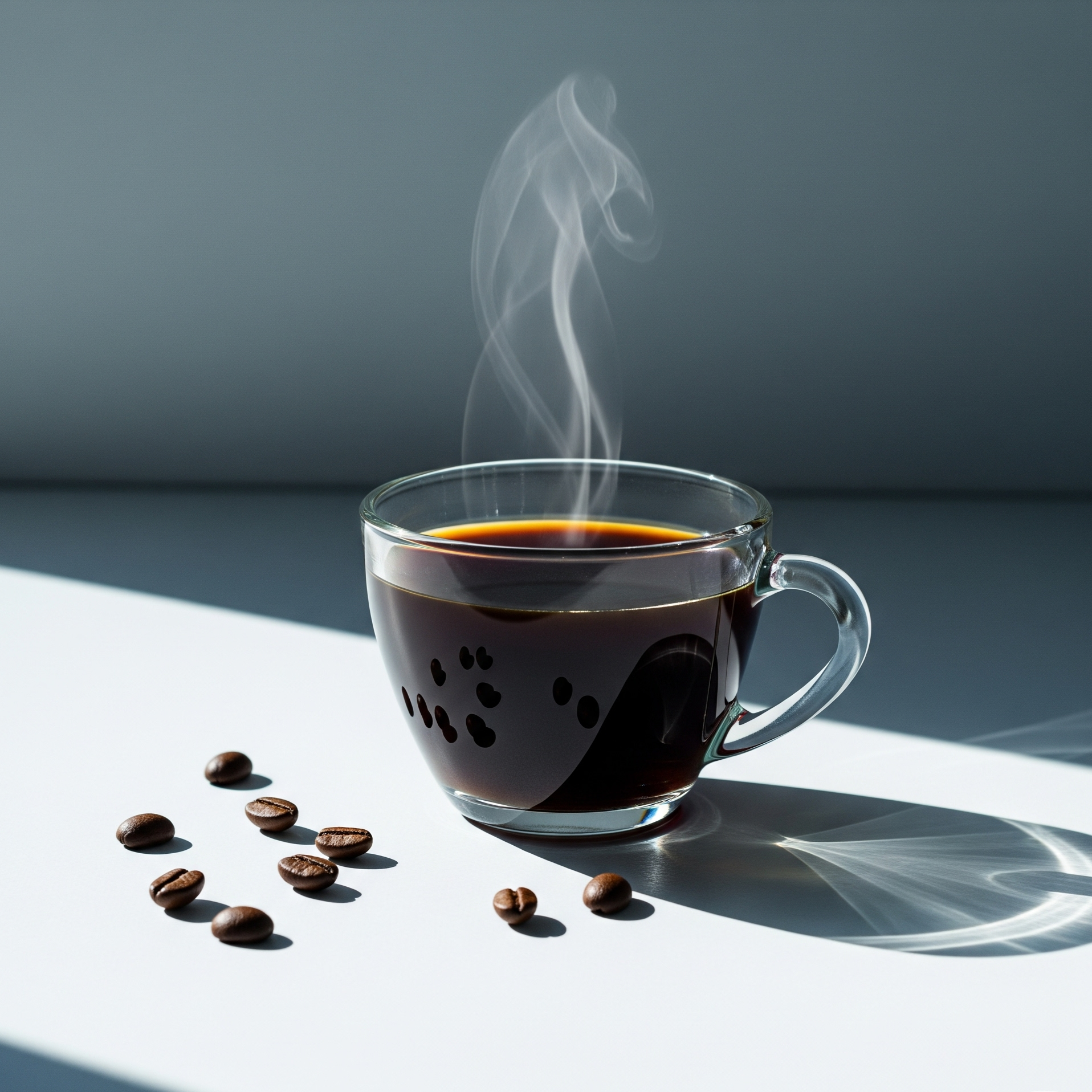 Steaming glass of coffee with coffee beans on a reflective surface