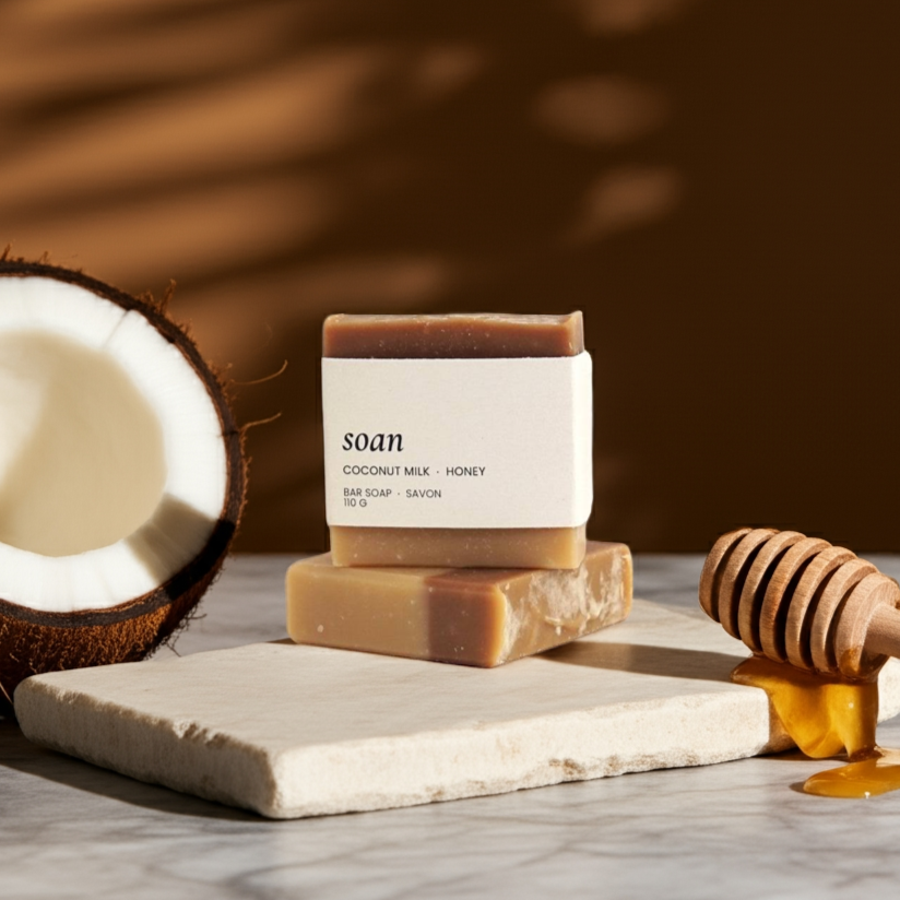 Bar of soap with a honey dipper and coconut on a wooden surface