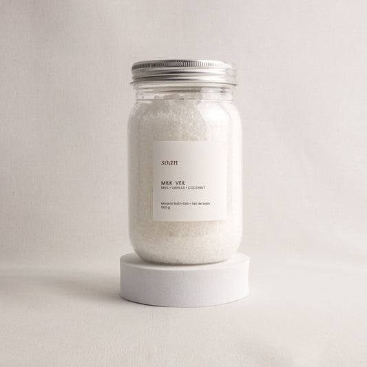 Creamy mineral milk bath soak with sea salt and Epsom salt for soft skin