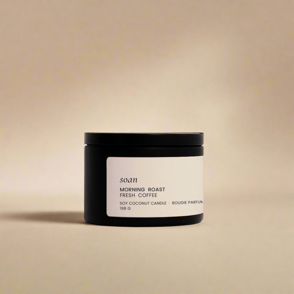 Morning Roast tin soy candle with smooth wax, hand-poured and scented with dark roast coffee and cream