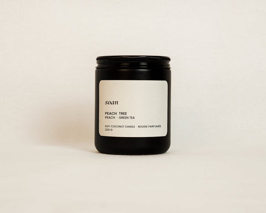 BLACK MATTE CANDLE JAR WITH PEACH AND GREEN LEAF SCENT