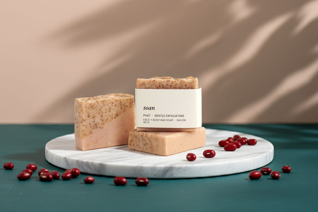 Three soap bars on a marble platter with red berries on a green and beige background