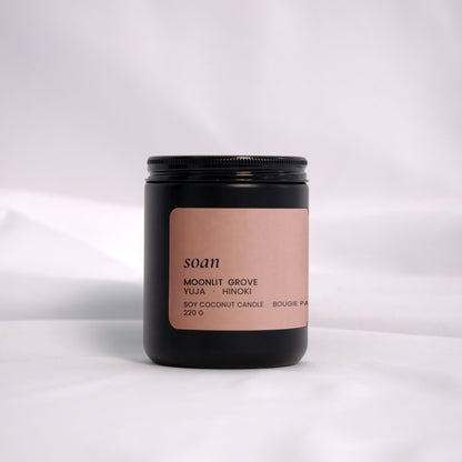 Moonlit Grove soy candle in a soft matte jar, hand-poured with notes of cypress, neroli, and amber