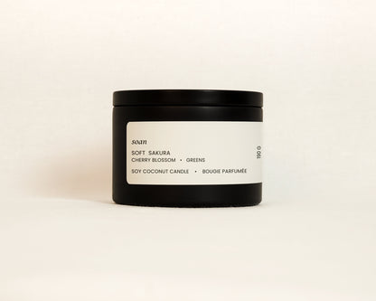 Soft Sakura cherry blossom soy coconut candle in black tin with cotton wick and floral spring fragrance by Soan