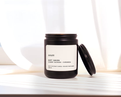 Soft Sakura cherry blossom soy candle with floral spring scent, clean burning soy candle by Soan
