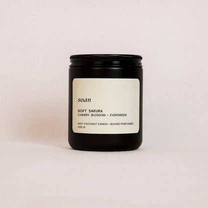 Soft Sakura cherry blossom soy candle with floral spring scent and minimalist design by Soan