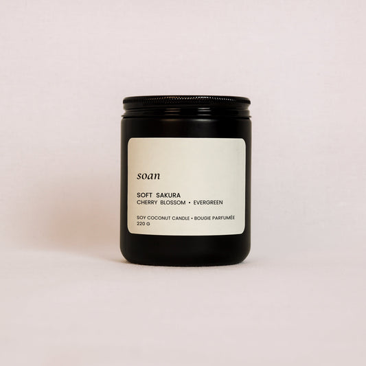 Soft Sakura cherry blossom soy candle with floral spring scent and minimalist design by Soan