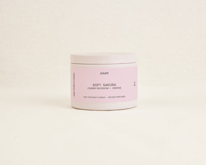 Soft Sakura cherry blossom soy coconut candle in white tin with cotton wick and floral spring fragrance by Soan