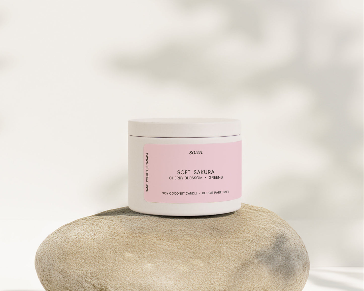 Soft Sakura cherry blossom soy coconut candle in 4oz white tin with cotton wick and floral spring fragrance by Soan