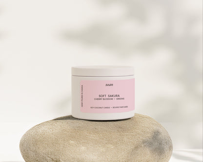 Soft Sakura cherry blossom soy coconut candle in 4oz white tin with cotton wick and floral spring fragrance by Soan