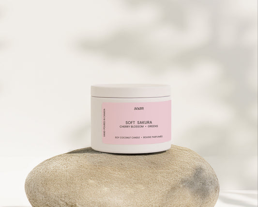 Soft Sakura cherry blossom soy coconut candle in 4oz white tin with cotton wick and floral spring fragrance by Soan