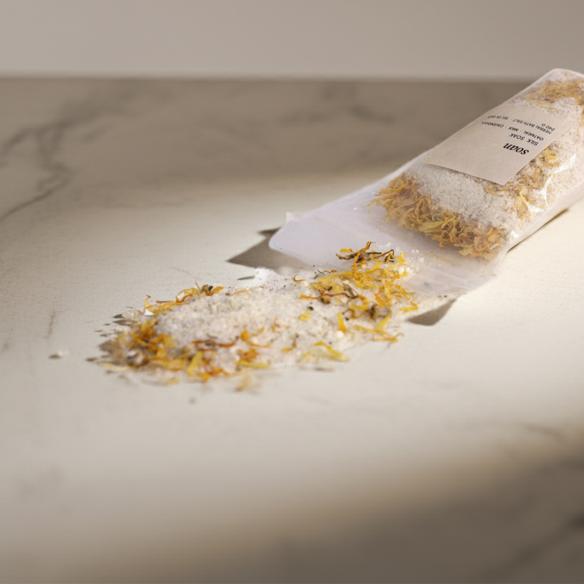Bag of dried herbs and bath salt on a marble surface with a neutral background