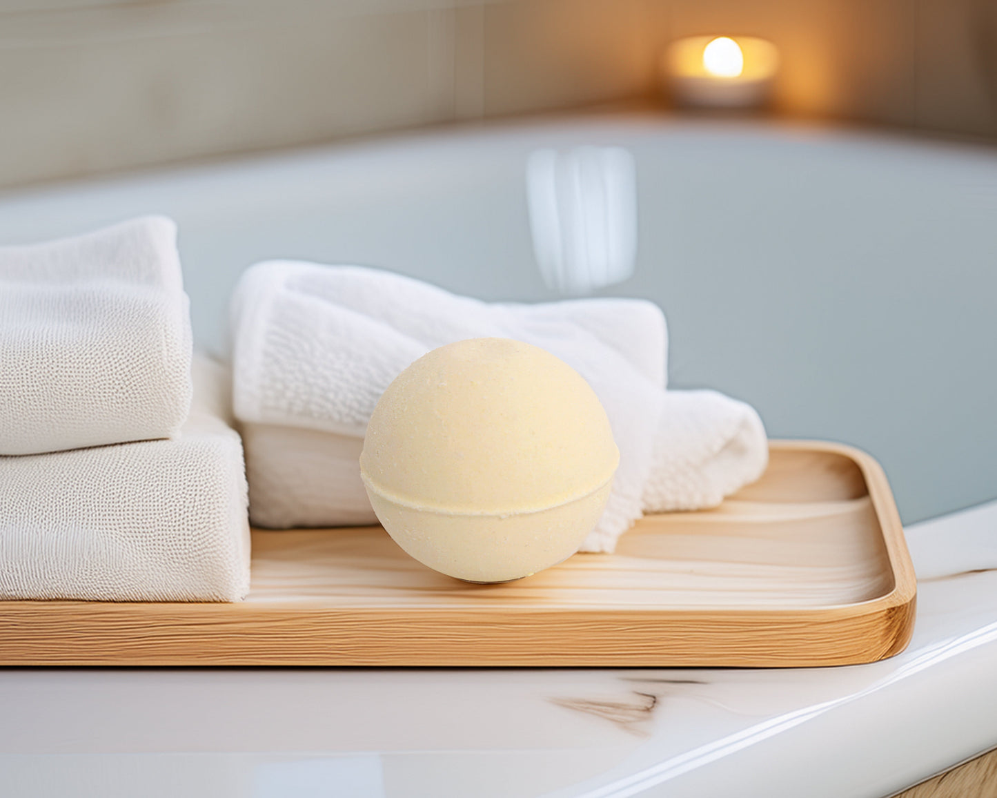 Bath bomb on a wooden tray with towels in a bathtub setting