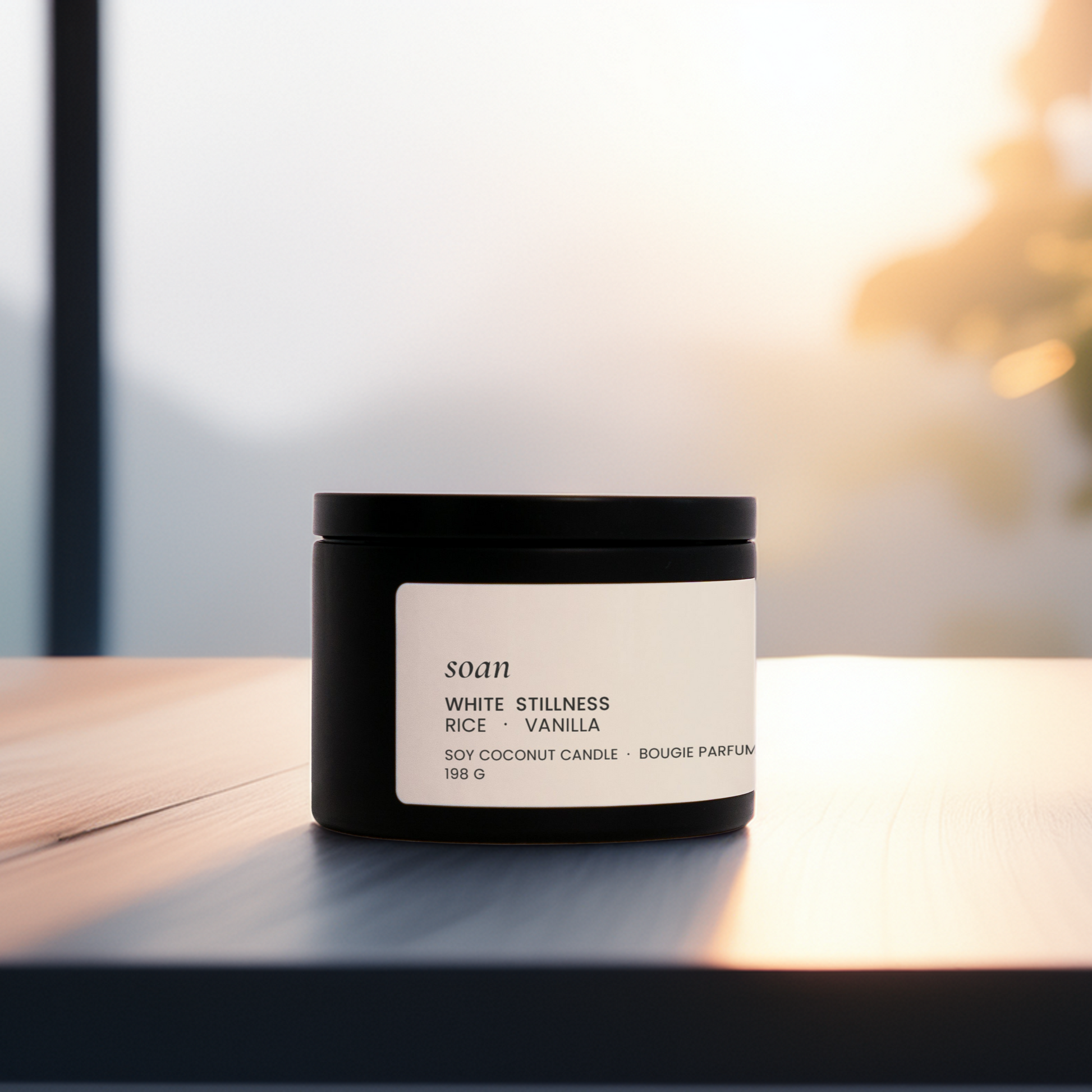 Candle jar with label on a wooden surface with a blurred natural background