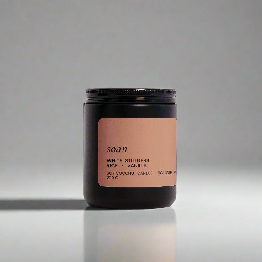 Silken Rice soy candle in a minimalist jar, hand-poured with a comforting rice pudding and vanilla scent