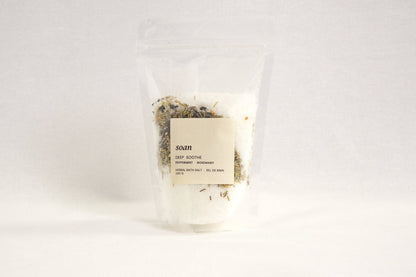 Deep Soothe bath salt blend with calming herbs and minerals, crafted to ease tension and relax the body