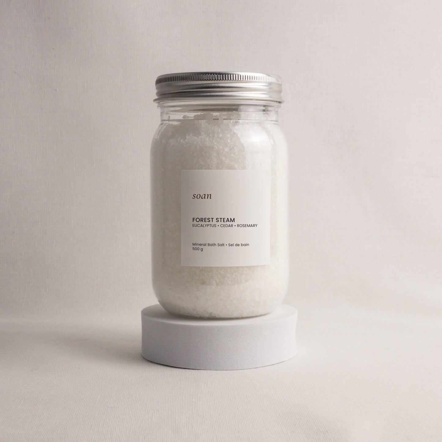 Forest Steam mineral bath salt with eucalyptus and peppermint essential oils in minimalist pouch packaging