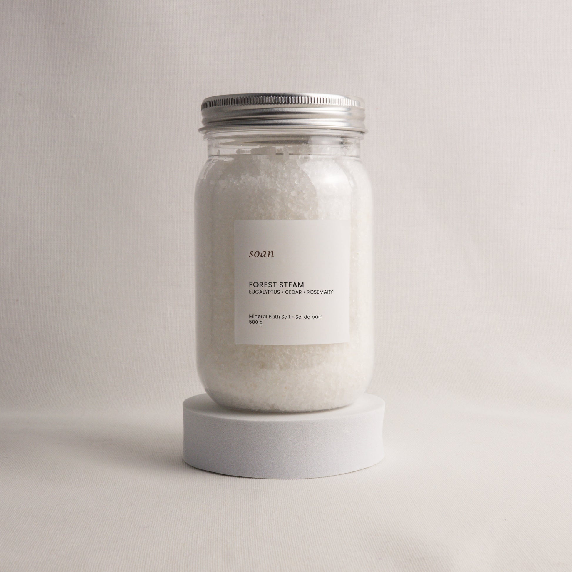 Forest Steam mineral bath salt with eucalyptus and peppermint essential oils in minimalist pouch packaging