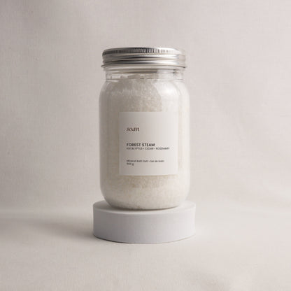Forest Steam mineral bath salt with eucalyptus and peppermint essential oils in minimalist pouch packaging