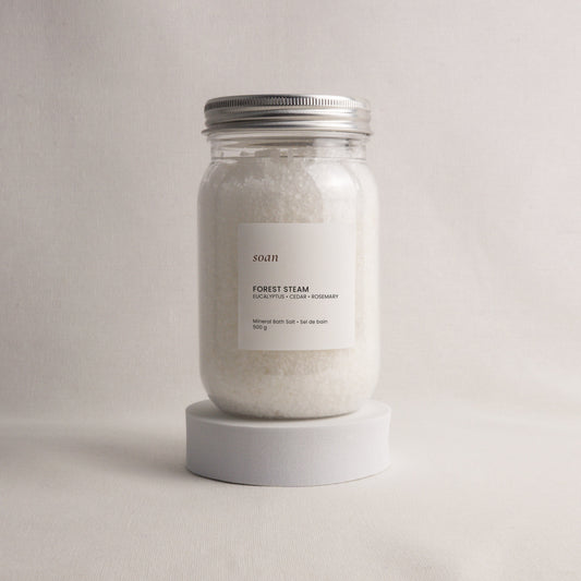 Forest Steam mineral bath salt with eucalyptus and peppermint essential oils in minimalist pouch packaging