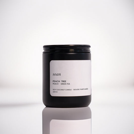 Peach Tree soy coconut candle in black matte jar with wooden wick