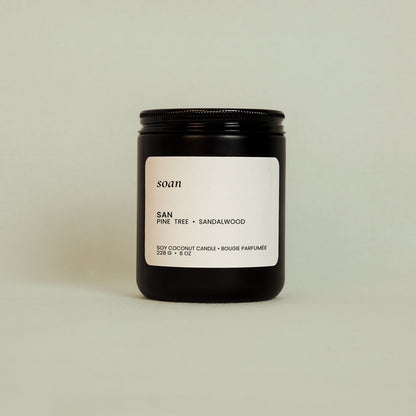 woody and refreshing pine and sandalwood scented candle