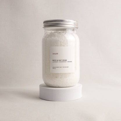 Rice and oat mineral bath soak with lavender and frankincense essential oils for soft skin and relaxation