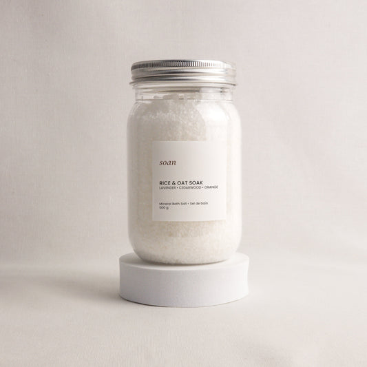 Rice and oat mineral bath soak with lavender and frankincense essential oils for soft skin and relaxation